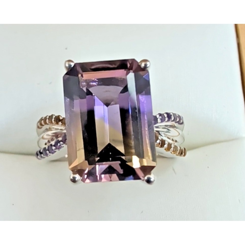 Sterling Silver 925 Emerald Cut Ametrine Amethyst Citrine Accent Ring Size 6